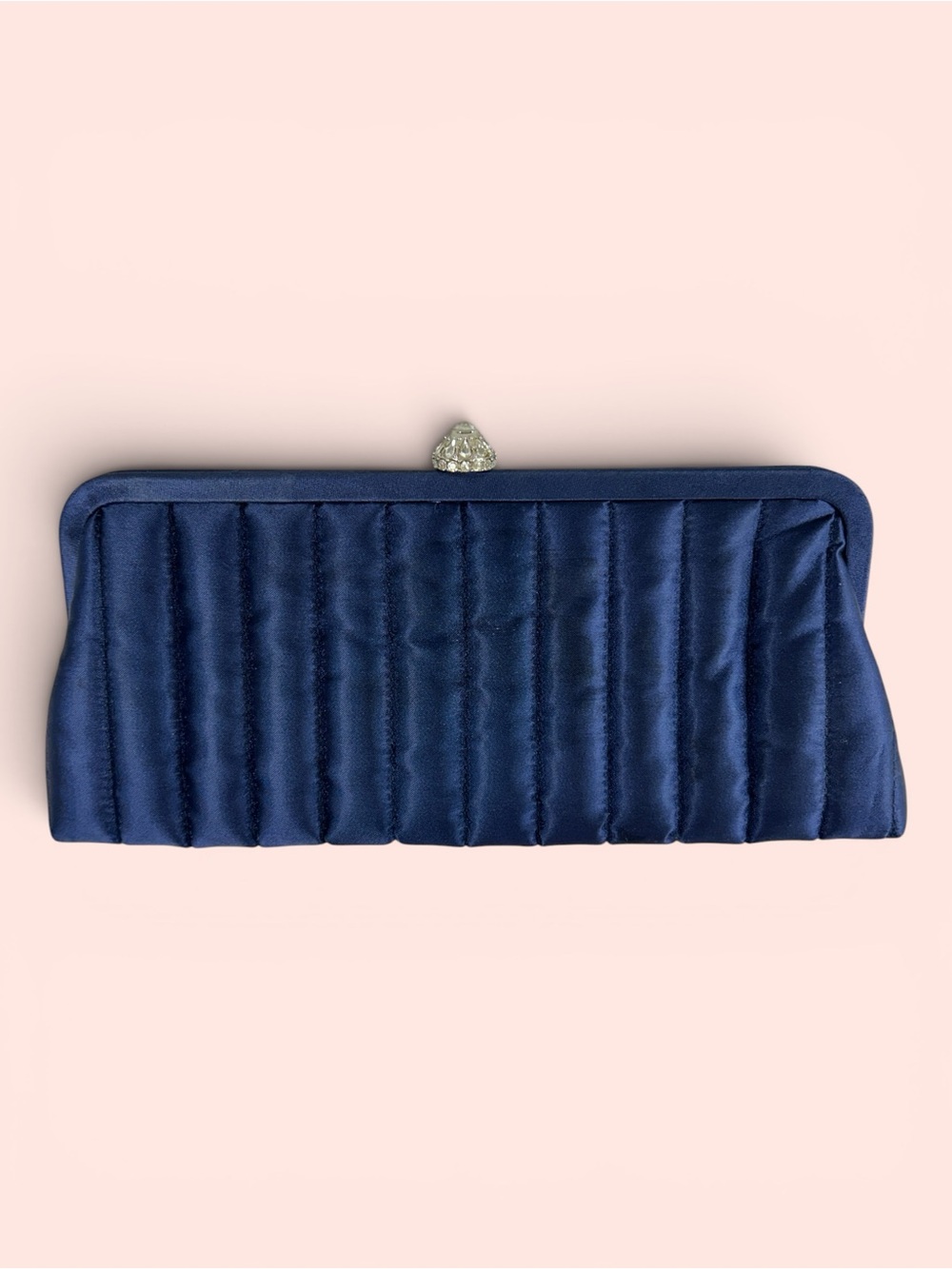La Sera Navy Satin Quilted Evening Bag with Rhinestone Clasp and Silver Chain